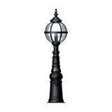 Victorian Manor cast iron globe pedestal post light in black, with banded cage globe on a traditional column base, shown on a plain white background.