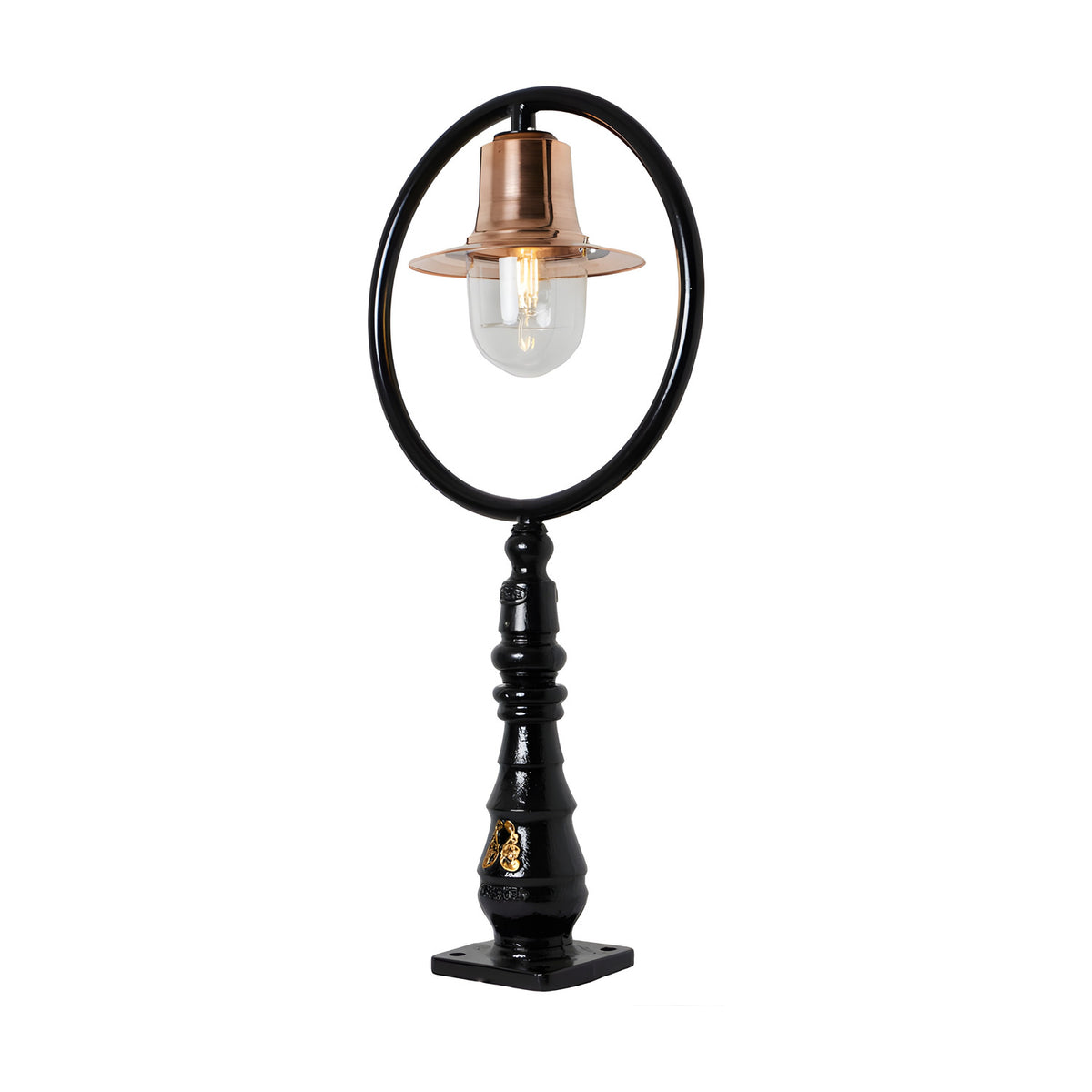 Large Railway Style Cast Iron Pedestal Post Light with copper spun shade, black hooped arm and clear glass dome on a fluted iron column, plain white background.