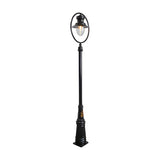 Railway style cast iron lamp post in black, 3.65m tall, with a single spun shade under a hoop frame and clear polycarbonate dome, on a tapered base against a plain white background.