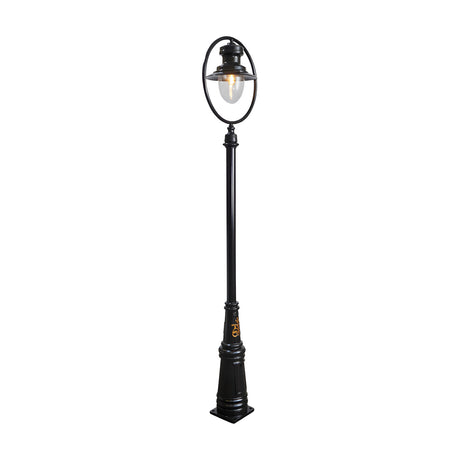 Railway style cast iron lamp post in black, 3.65m tall, with a single spun shade under a hoop frame and clear polycarbonate dome, on a tapered base against a plain white background.