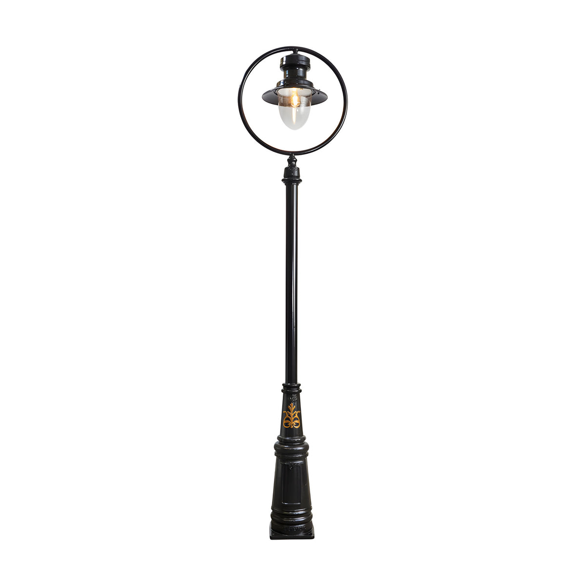 Railway Style Cast Iron Lamp Post, 3.65m tall in black, with a single spun shade housed in a circular hoop over a clear glass-effect dome, tapered fluted base, plain white background.