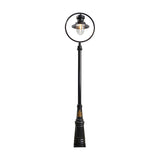 Railway Style Cast Iron Lamp Post, 3.65m tall in black, with a single spun shade housed in a circular hoop over a clear glass-effect dome, tapered fluted base, plain white background.