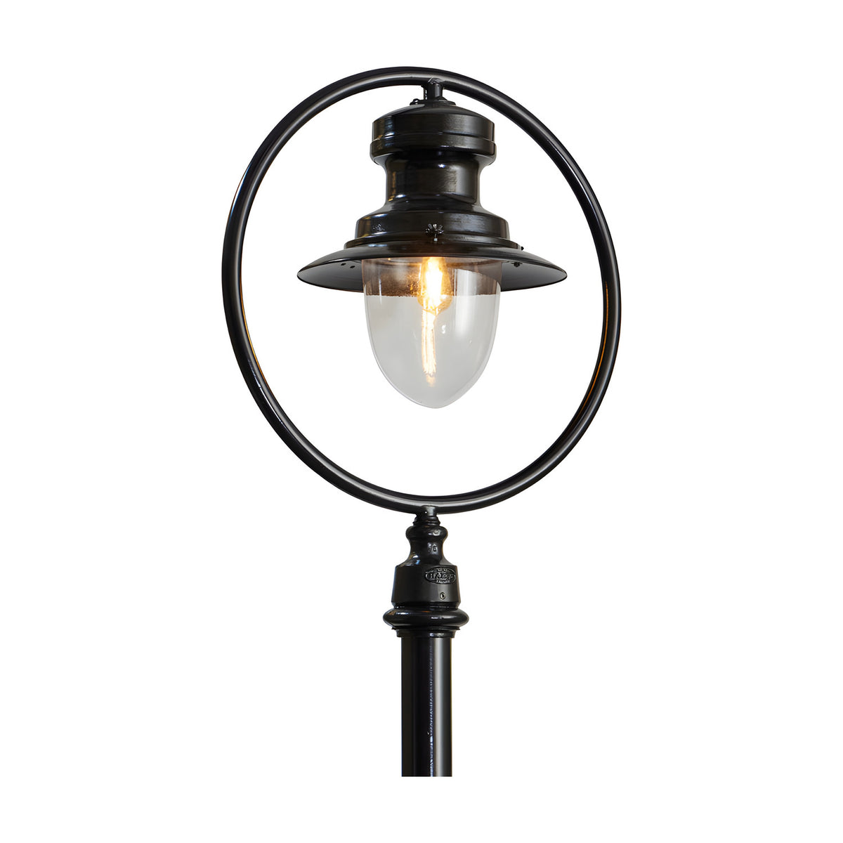 Railway Style Cast Iron Lamp Post, 3.65m, black finish, with a spun shade encircled by a round hoop above a clear polycarbonate dome, shown on a plain white background.