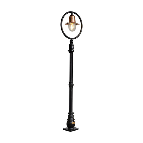 Railway Style cast iron lamp post, 1.49m, with a copper spun shade and clear glass dome inside a black hooped arm on a slender fluted pole, set on a square base, plain white background.