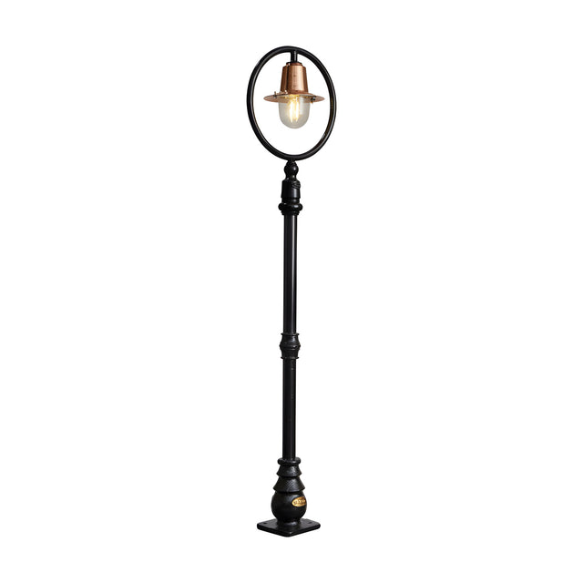 Railway Style cast iron lamp post, 1.49m, with a copper spun shade and clear glass dome inside a black hooped arm on a slender fluted pole, set on a square base, plain white background.