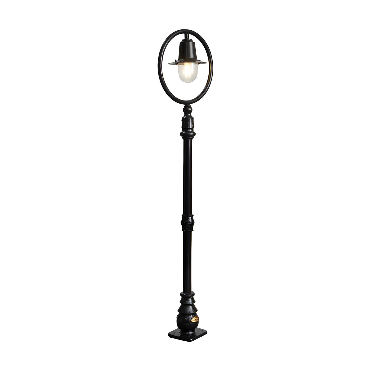 Railway Style cast iron lamp post, 1.49m black post with a spun shade under a hoop frame and clear polycarbonate dome, shown on a plain white background.
