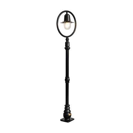 Railway Style cast iron lamp post, 1.49m black post with a spun shade under a hoop frame and clear polycarbonate dome, shown on a plain white background.