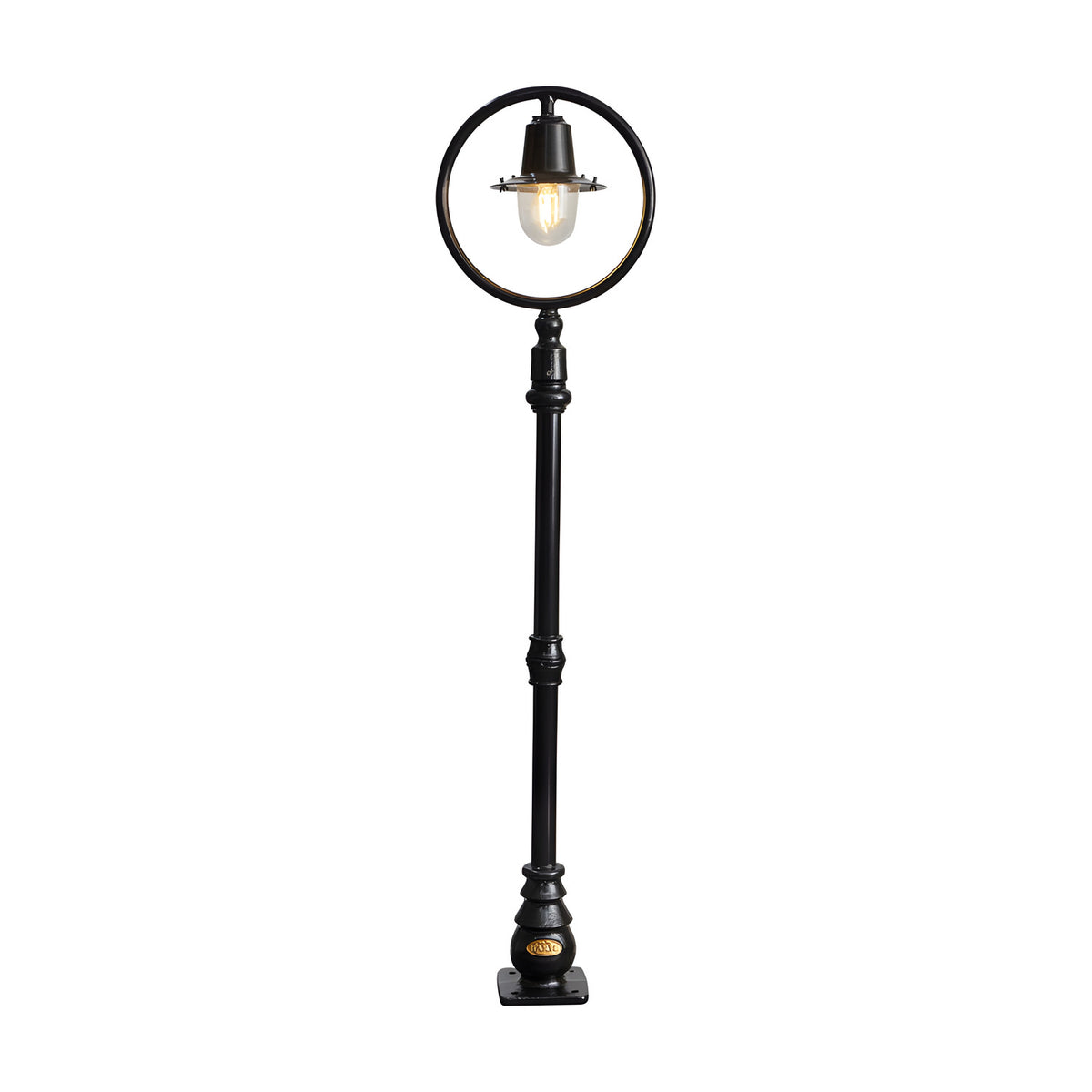 Railway Style Cast Iron Lamp Post, 1.49m, black finish, single light with clear polycarbonate dome shade inside a circular hoop on a slender fluted post, plain white background.