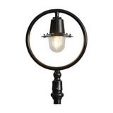 Railway Style Cast Iron Lamp Post in black, 1.49m, showing the spun shade within a circular hoop over a clear polycarbonate dome, set against a plain white background.
