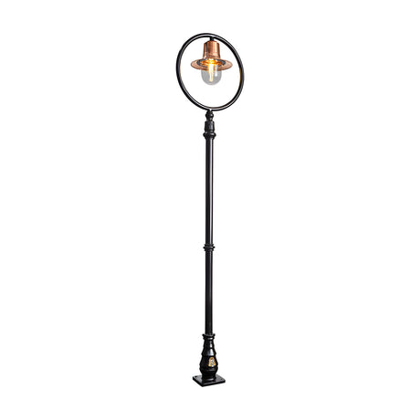 Railway style cast iron lamp post, 2.73m tall, with a copper spun shade under a circular hoop and clear glass dome, black metal pole on a decorative base, plain white background.