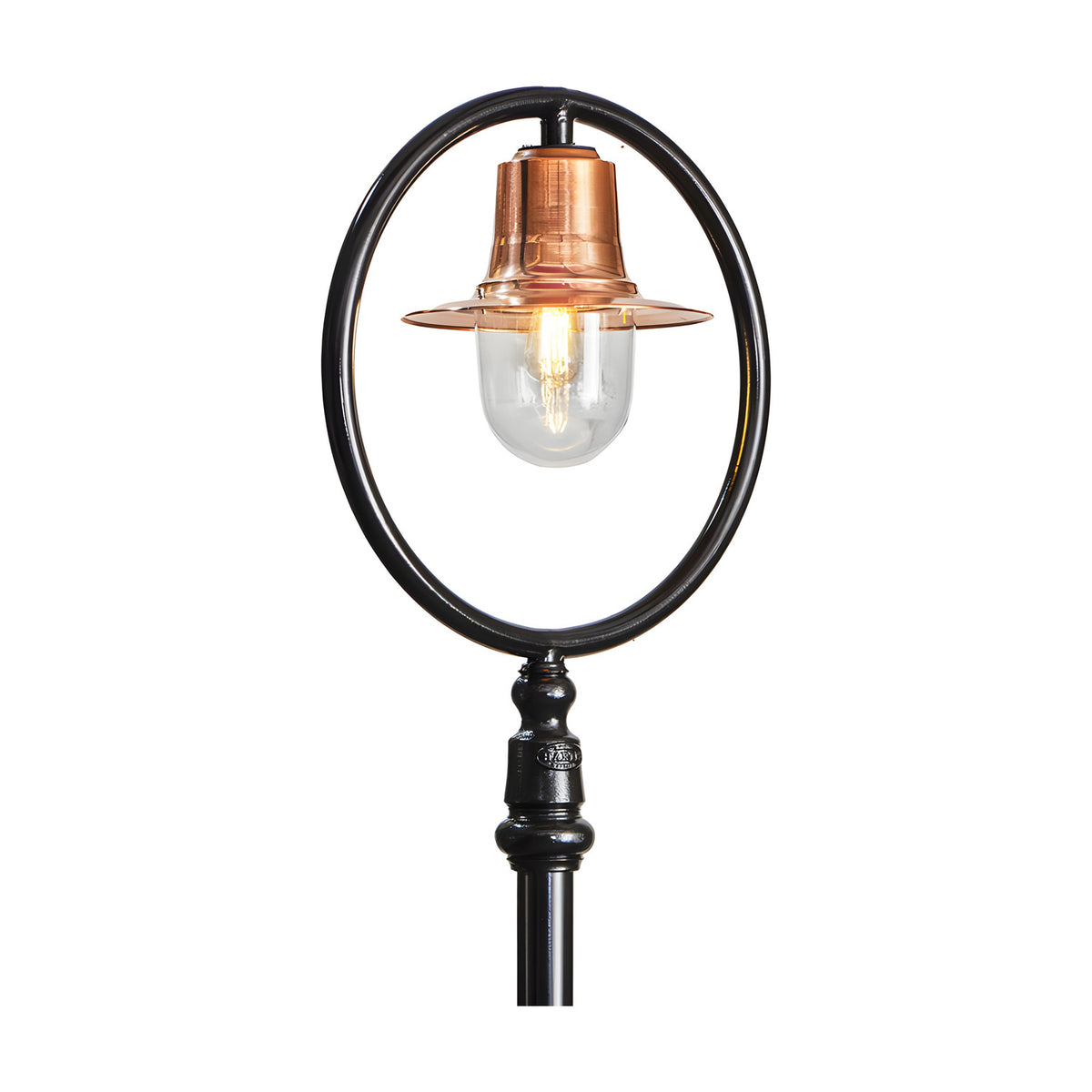 Railway Style cast iron lamp post, 2.73m, with a black oval hoop frame holding a copper spun shade over a clear glass dome, lit bulb visible, on a plain white background.