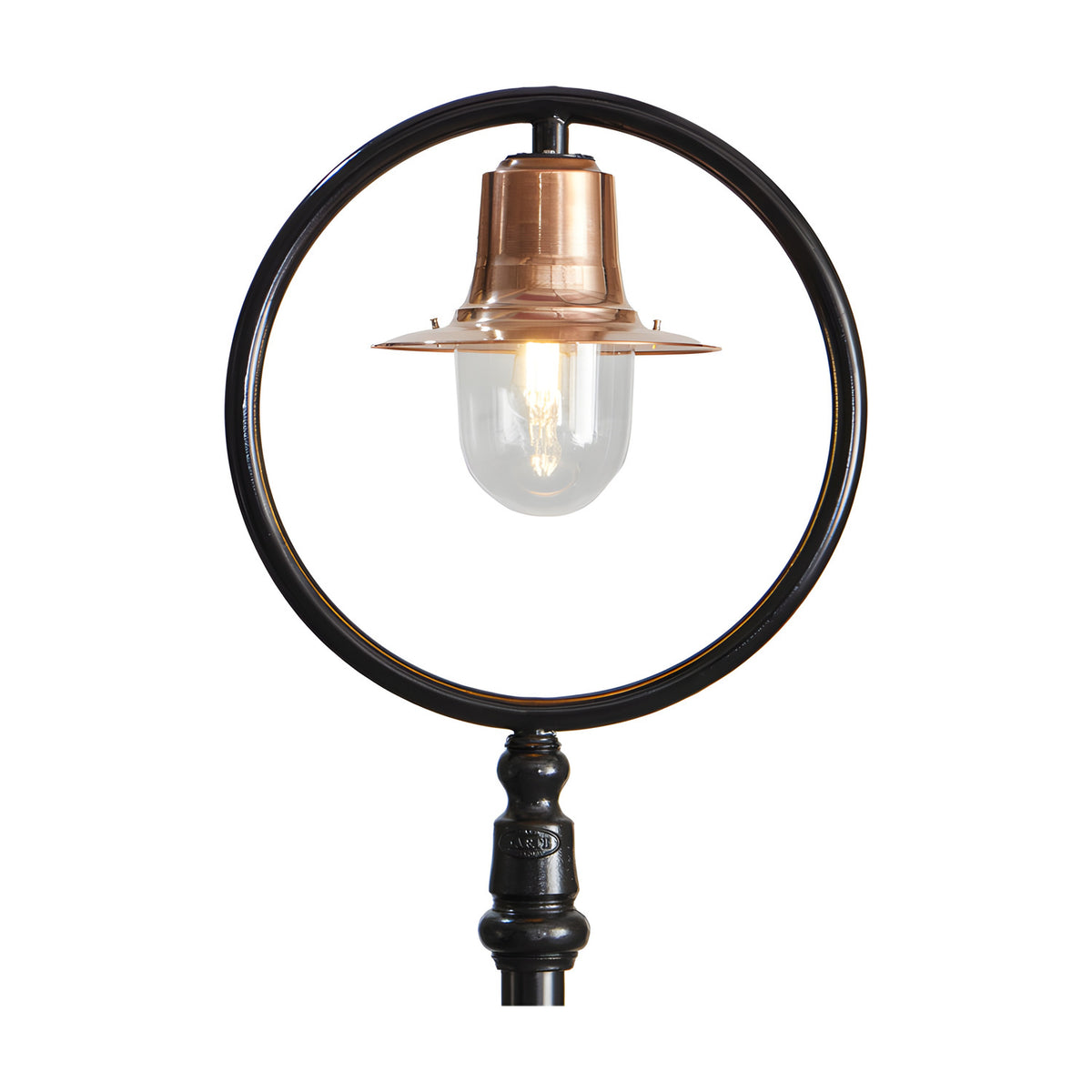 Railway style cast iron lamp post, 2.73m, with black circular hoop frame, copper spun shade over a clear glass dome light, on a plain white background.