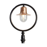 Railway style cast iron lamp post, 2.73m, with black circular hoop frame, copper spun shade over a clear glass dome light, on a plain white background.