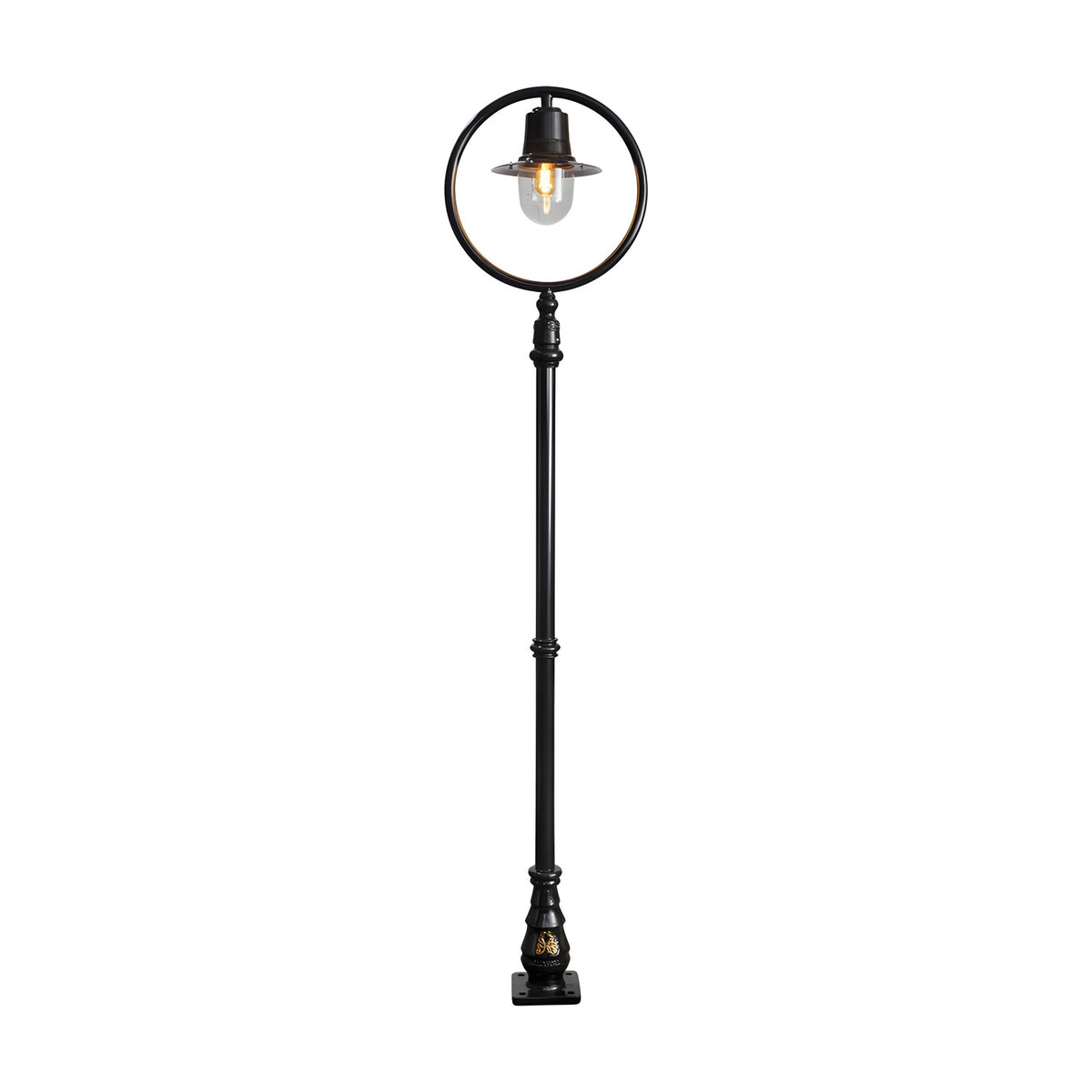 Railway Style cast iron lamp post in black, 2.73m tall, with a circular hoop frame, spun shade over a clear glass dome, and decorative cast base, shown on a plain white background.