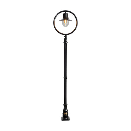 Railway Style cast iron lamp post in black, 2.73m tall, with a circular hoop frame, spun shade over a clear glass dome, and decorative cast base, shown on a plain white background.