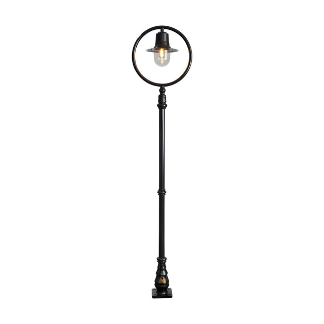 Railway Style cast iron lamp post in black, 2.73m tall, with a circular hoop frame, spun shade over a clear glass dome, and decorative cast base, shown on a plain white background.
