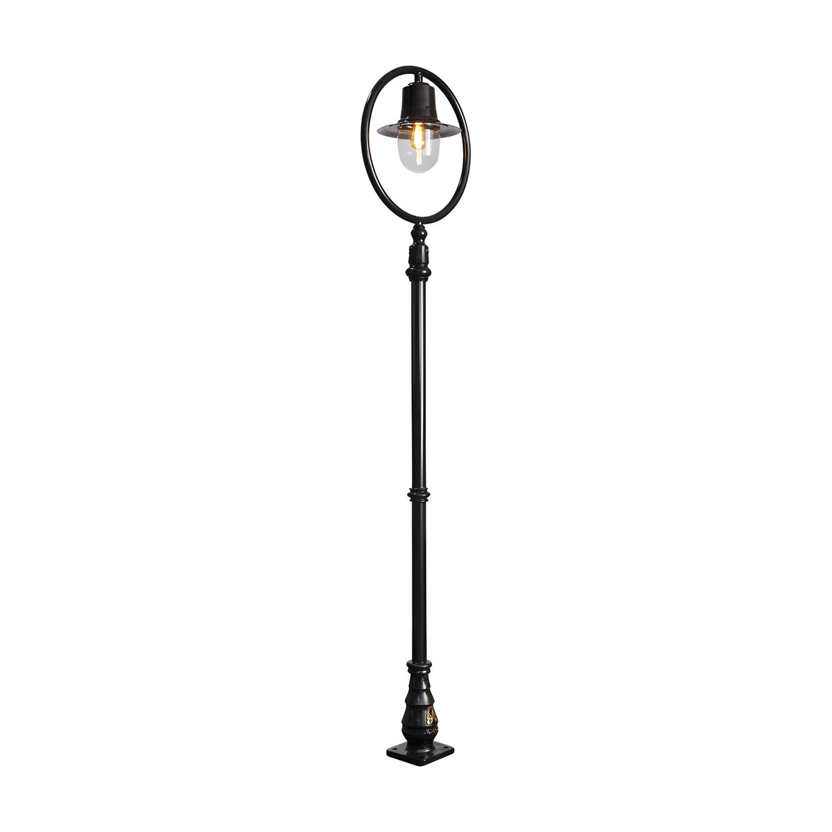 Black cast iron railway-style lamp post, 2.73m tall, with a single spun shade in a hoop over a clear polycarbonate dome, fluted post, and square base.