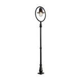 Black cast iron railway-style lamp post, 2.73m tall, with a single spun shade in a hoop over a clear polycarbonate dome, fluted post, and square base.