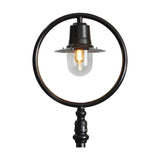 Railway style cast iron lamp post in black, showing a single light with spun shade and clear polycarbonate dome set within a round hoop bracket, on a plain white background.