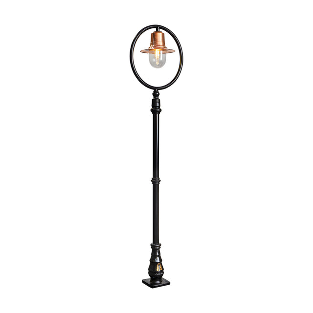 Railway style cast iron lamp post, 2.43m tall, with a copper spun shade encircled by a black hoop over a clear glass dome, on a black fluted pole with ornate base, shown on a plain white background.