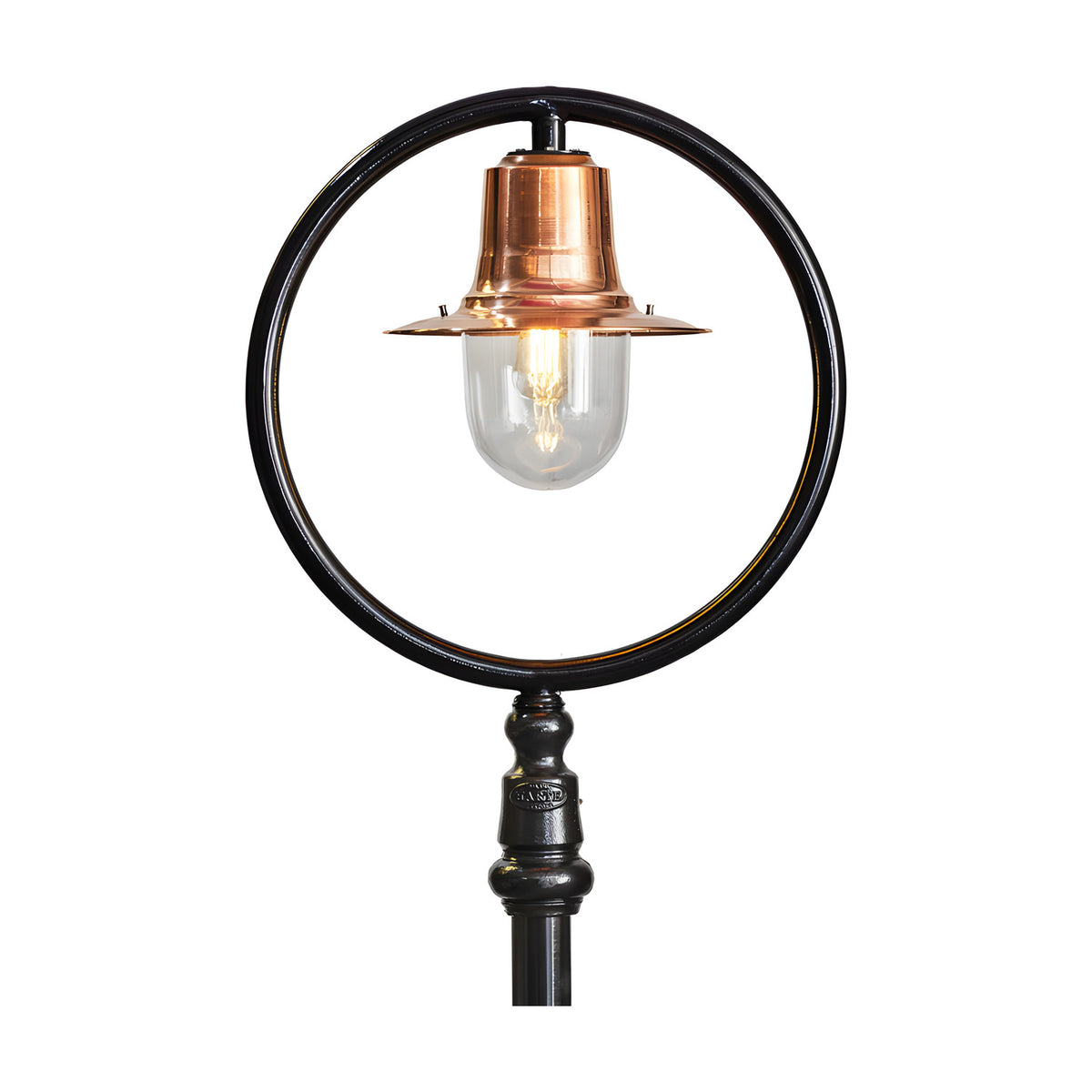 Railway style cast iron lamp post, 2.43m, with copper spun shade and clear glass dome inside a black circular hoop frame, ornate cast base, plain white background.