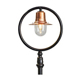 Railway style cast iron lamp post, 2.43m, with copper spun shade and clear glass dome inside a black circular hoop frame, ornate cast base, plain white background.
