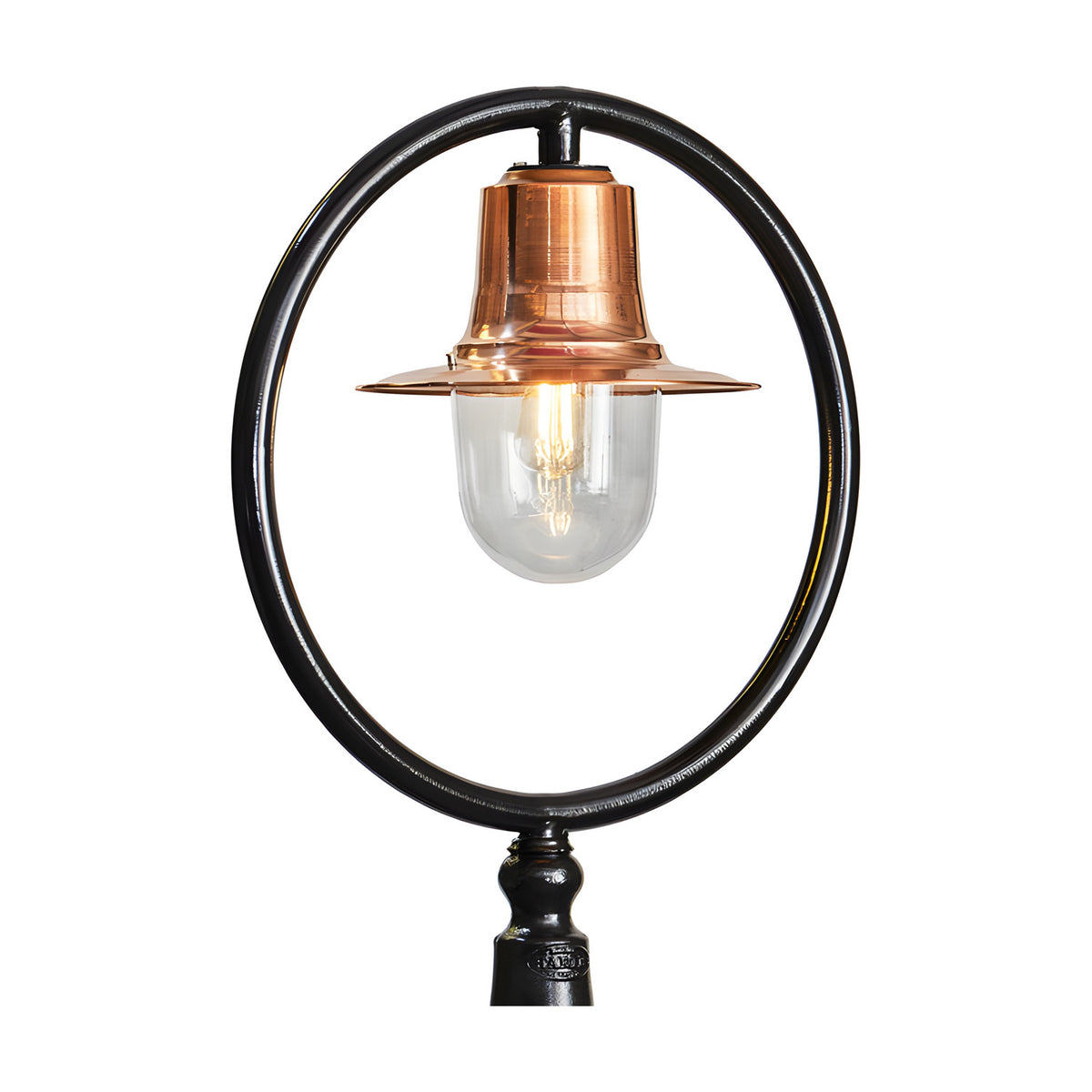 Railway style cast iron lamp post, 2.43m, with copper spun shade over a clear glass dome inside a black hoop bracket, on a plain white background.