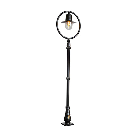 Railway Style Cast Iron Lamp Post, 2.43m tall in black, with a single spun shade under a circular hoop over a clear polycarbonate dome, set on a decorative iron base against a plain white background.