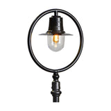 Railway Style Cast Iron Lamp Post in black, 2.43m, with a circular hoop frame, spun metal shade, and clear polycarbonate dome housing a single light, shown on a plain white background.