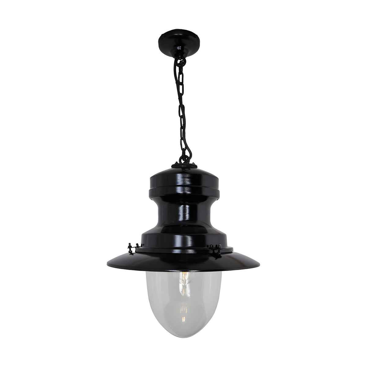 Large Railway Style Hanging Lantern in black, with domed clear glass shade, wide flat top and ceiling chain mount, shown on a plain white background.