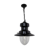 Large Railway Style Hanging Lantern in black, with domed clear glass shade, wide flat top and ceiling chain mount, shown on a plain white background.