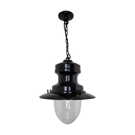 Large Railway Style Hanging Lantern in black, with domed clear glass shade, wide flat top and ceiling chain mount, shown on a plain white background.