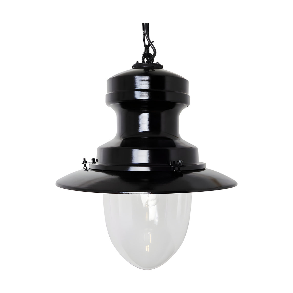 Large Railway Style Hanging Lantern in black, with a wide spun shade, clear polycarbonate dome and chain suspension, shown on a plain white background.