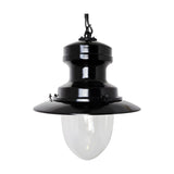 Large Railway Style Hanging Lantern in black, with a wide spun shade, clear polycarbonate dome and chain suspension, shown on a plain white background.