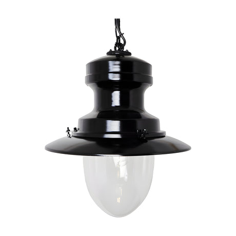 Large Railway Style Hanging Lantern in black, with a wide spun shade, clear polycarbonate dome and chain suspension, shown on a plain white background.