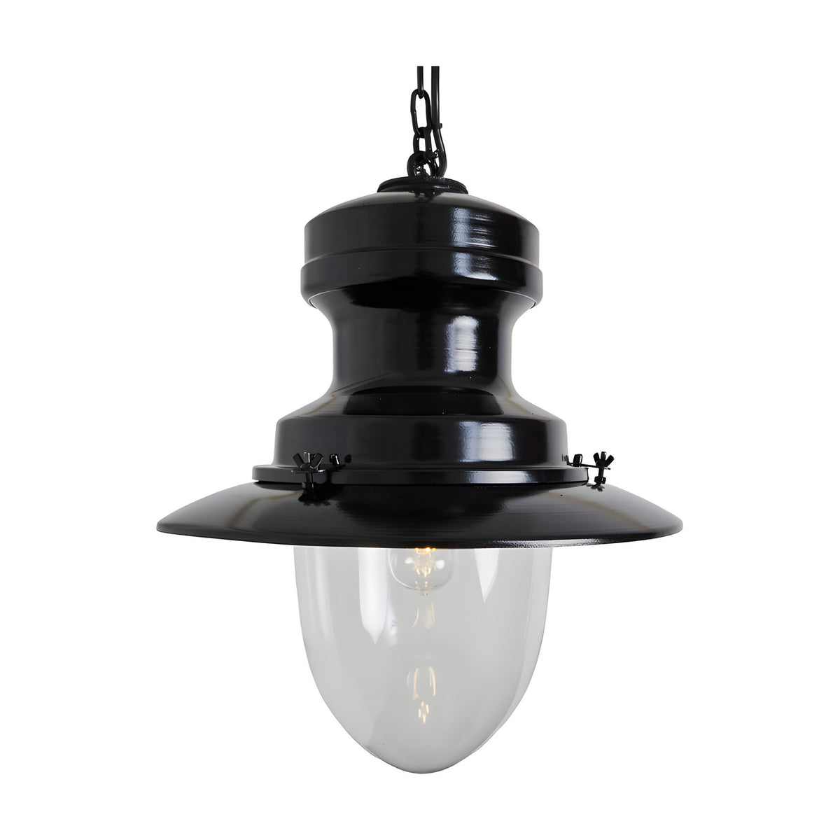 Large Railway Style Hanging Lantern in black, with a black metal ceiling cap, chain, and flat disc shade over a clear glass dome, shown on a plain white background.