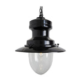 Large Railway Style Hanging Lantern in black, with a black metal ceiling cap, chain, and flat disc shade over a clear glass dome, shown on a plain white background.