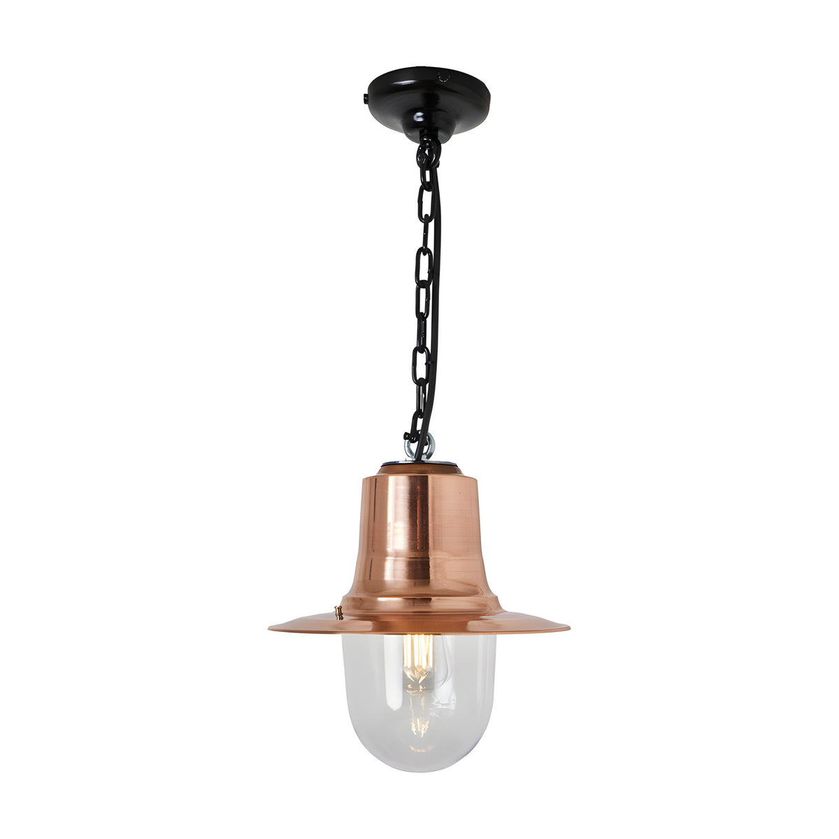 Medium railway-style hanging lantern with a copper spun shade and clear polycarbonate dome, suspended from a black chain and ceiling rose on a plain white background.