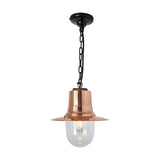 Medium railway-style hanging lantern with a copper spun shade and clear polycarbonate dome, suspended from a black chain and ceiling rose on a plain white background.