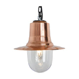 Medium Railway Style Hanging Lantern on a chain, copper spun shade with clear glass dome and lit bulb, black chain suspension, shown on a plain white background.