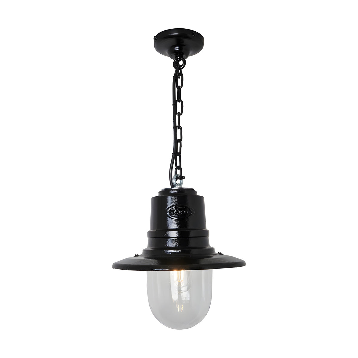 Medium Railway Style Cast Iron Hanging Lantern in black, with a spun metal shade over a clear glass dome, suspended from a black chain and ceiling rose on a plain white background.
