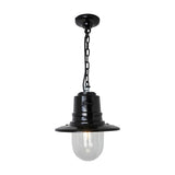 Medium Railway Style Cast Iron Hanging Lantern in black, with a spun metal shade over a clear glass dome, suspended from a black chain and ceiling rose on a plain white background.