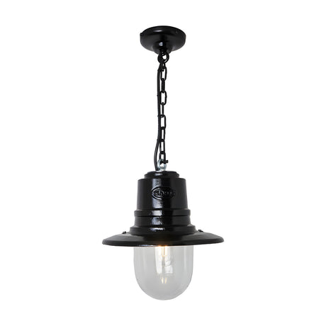 Medium Railway Style Cast Iron Hanging Lantern in black, with a spun metal shade over a clear glass dome, suspended from a black chain and ceiling rose on a plain white background.
