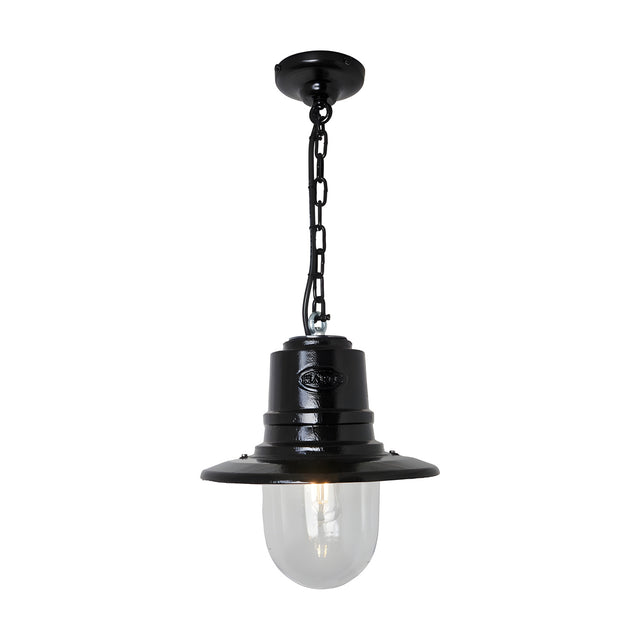 Medium Railway Style Cast Iron Hanging Lantern in black, with a spun metal shade over a clear glass dome, suspended from a black chain and ceiling rose on a plain white background.