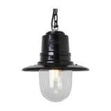 Medium Railway Style Cast Iron Hanging Lantern in black, with a spun shade over a clear polycarbonate dome and exposed bulb, suspended on a chain against a plain white background.