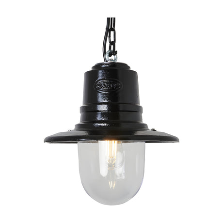Medium Railway Style Cast Iron Hanging Lantern in black, with a spun shade over a clear polycarbonate dome and exposed bulb, suspended on a chain against a plain white background.