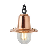 Small Railway Style Hanging Lantern on a chain, copper spun shade with clear glass dome and lit E27 bulb, black chain and hook, plain white background.