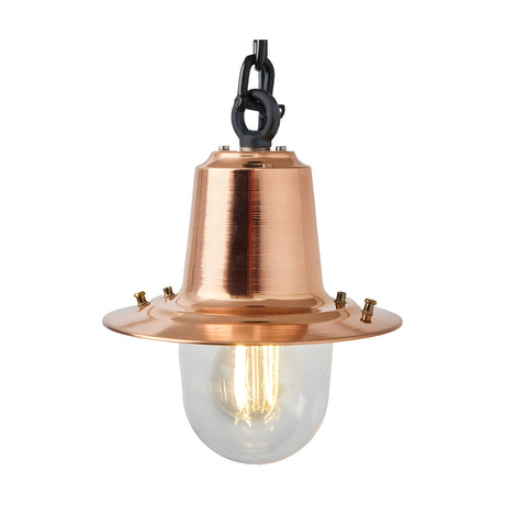 Small Railway Style Hanging Lantern on a chain, copper spun shade with clear glass dome and lit E27 bulb, black chain and hook, plain white background.