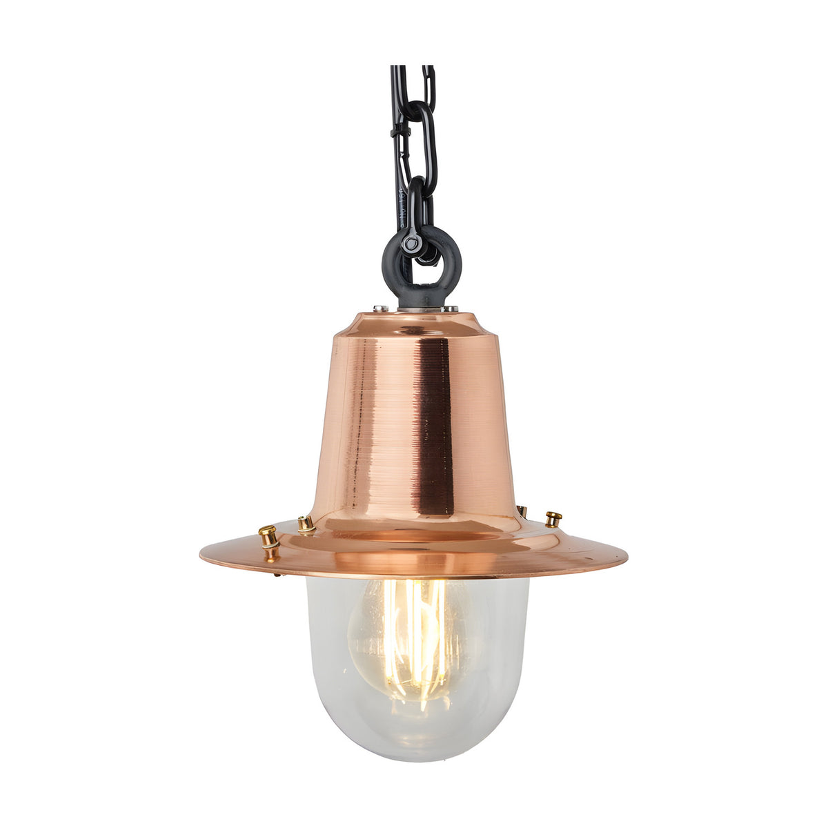 Small Railway Style hanging lantern with copper spun metal shade, wide brim and clear glass dome, suspended on a black chain against a plain white background.