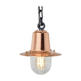 Small Railway Style hanging lantern with copper spun metal shade, wide brim and clear glass dome, suspended on a black chain against a plain white background.
